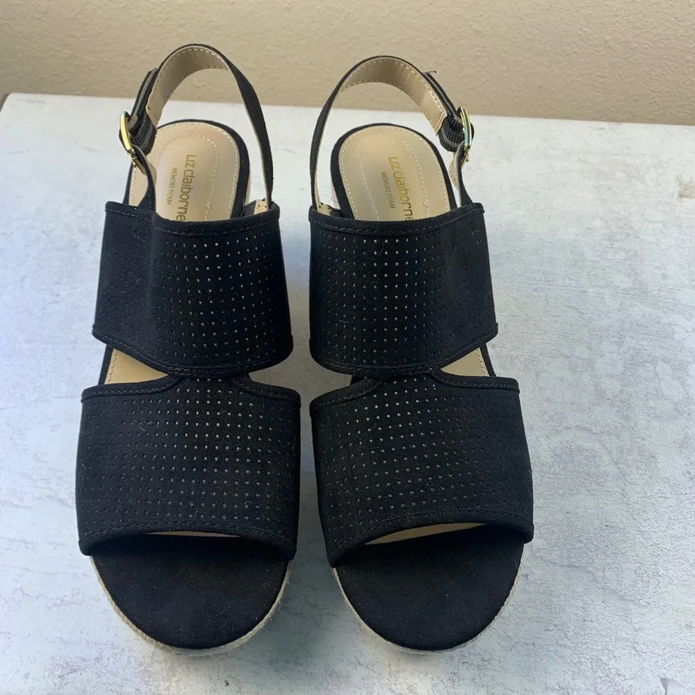 Liz Claiborne 8.5 Wedge Sandals Black LC Hatcher Perforated Espadrille Slingback